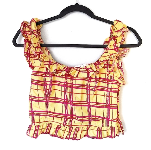 L'Academie Womens Size Small The Laci Top Cropped Ruffle In Yellow Plaid - Picture 3 of 8